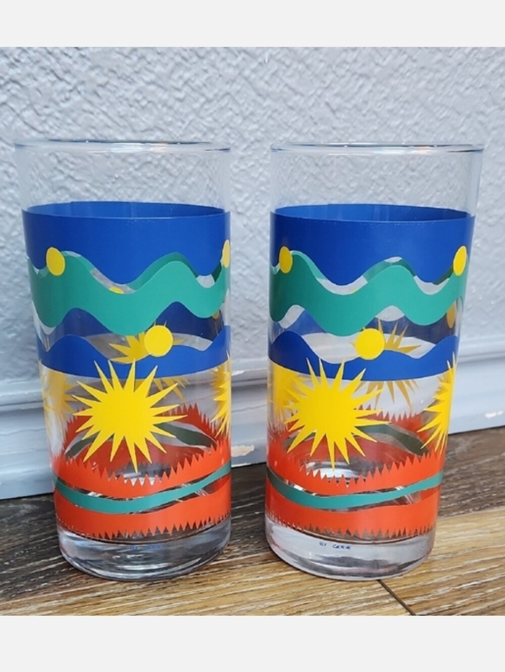 2 Cerve Bright Colored Drinking Cup Glasses Yellow Blue Teal Green Orange